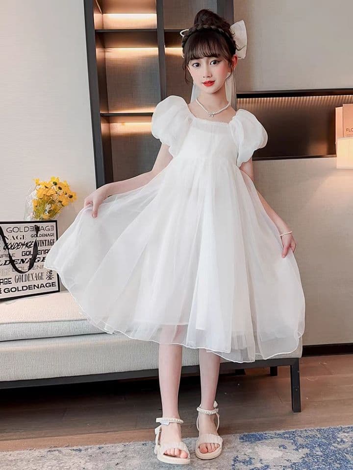 Girls' Summer Dress 2024 New Style Elegant Children's White Tulle Gown Princess Dress for Girls