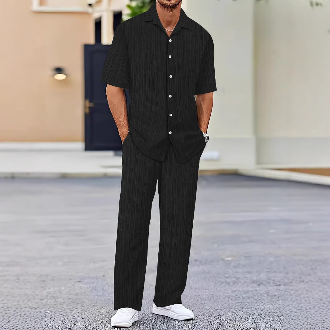 New Cross-Border AliExpress Men's Lapel Solid Short Sleeve Shirt with Drawstring Long Pants Set for Export