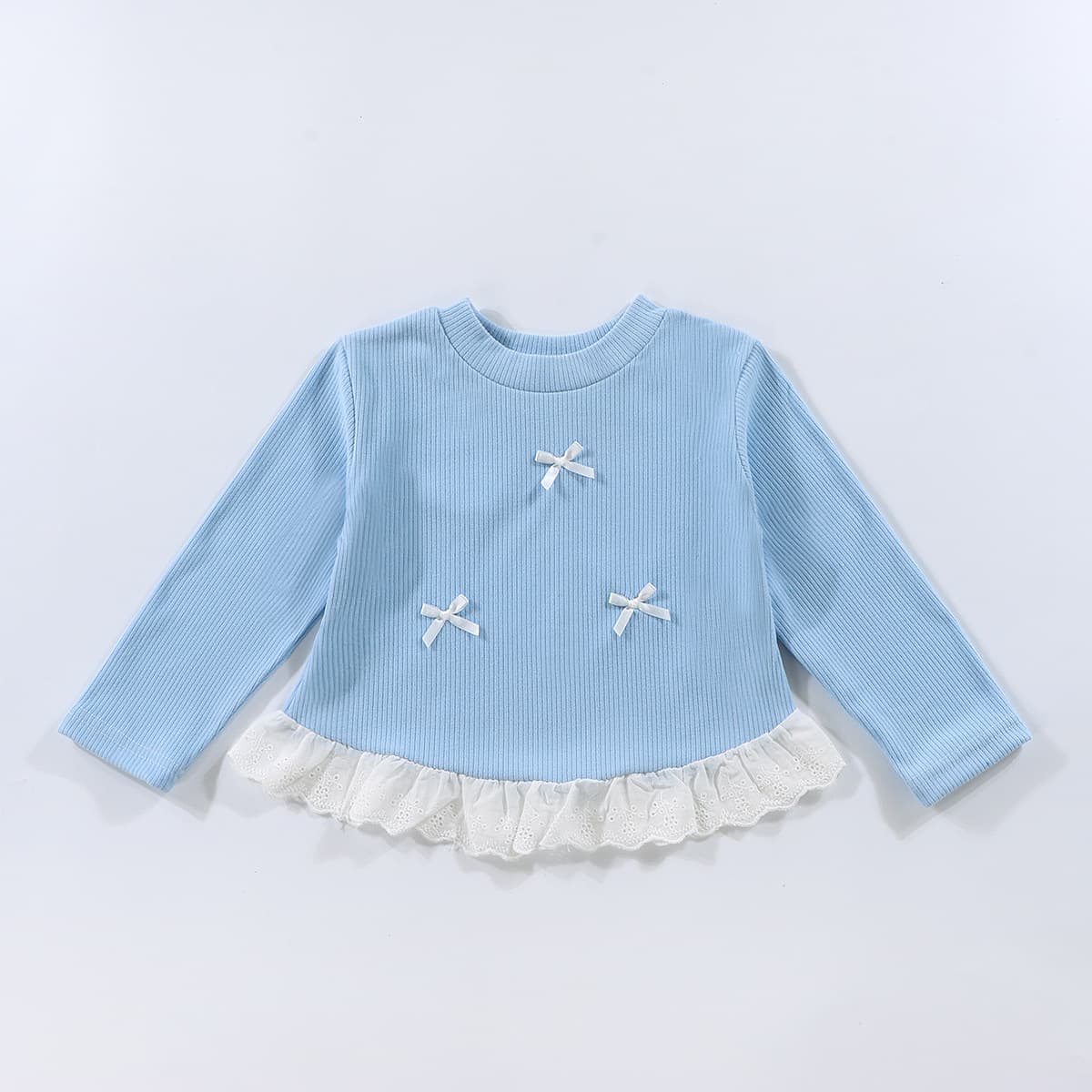 Girls' Spring Base Layer Top, Kids' Versatile Bow Long-Sleeve Lace Round-Neck Base Layer, Korean Style Toddler Girl Outerwear Top