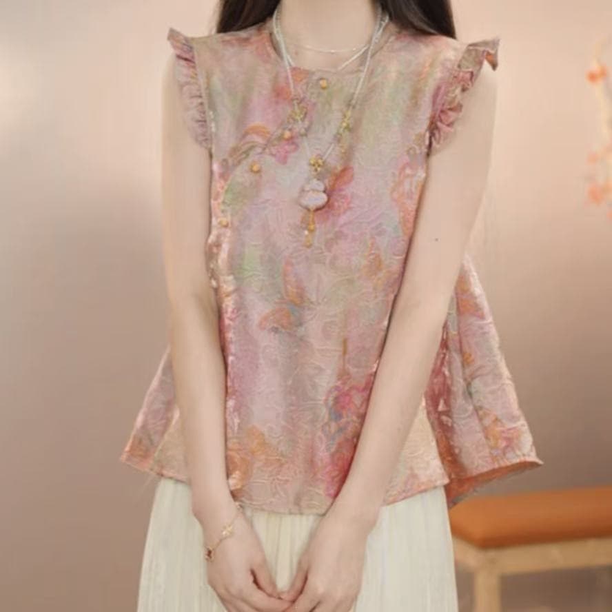 Pink butterfly summer new national style high-definition new Chinese style short shirt baby top 007 pastel color printing