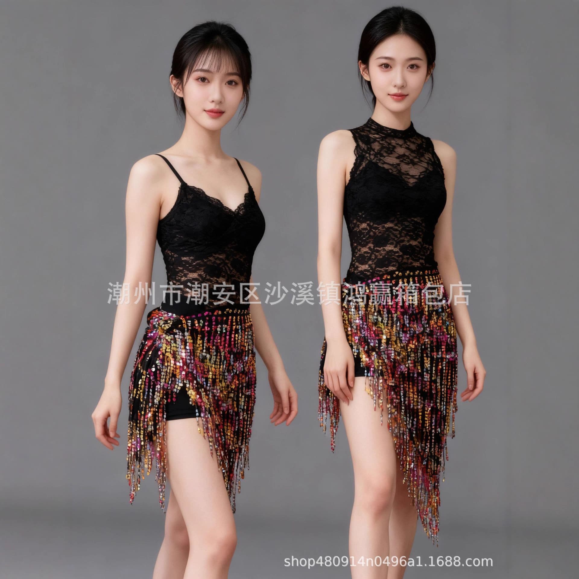 New Belly Dance Practice Hip Scarf Wrap Skirt Sequin Fringe Heavy Work Performance Waist Scarf