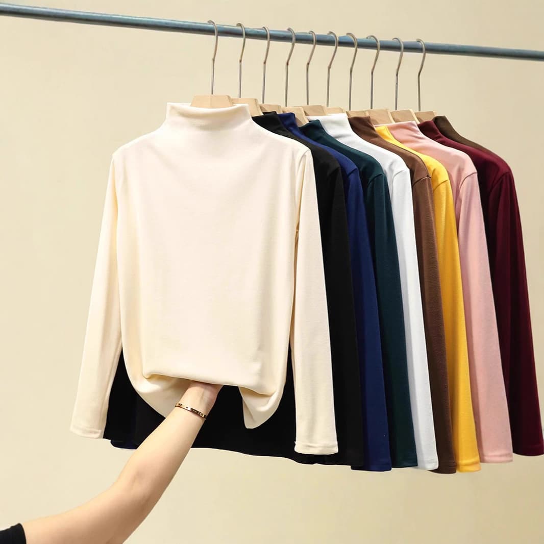 Double-Sided Dralon Semi-Turtleneck Base Layer Women Fleece Warm Mid-Neck Top Inner Layer Stand Collar Long-Sleeve Base T-Shirt Women