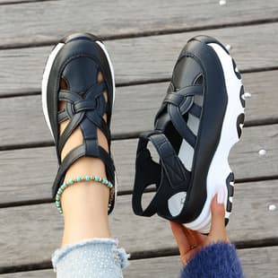 Export Summer New Plus Size Women's Hook-and-Loop Sports Sandals Platform Hollow Casual Thick Sole Wedge Heel Sandals