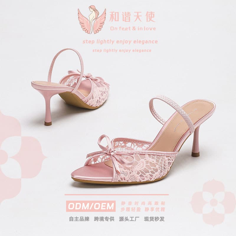 Cross-border New Style Mesh Lace One-Strap Sandals Thin Heel High Heels Elegant Fairy Style Versatile Women's Shoes Premium Look