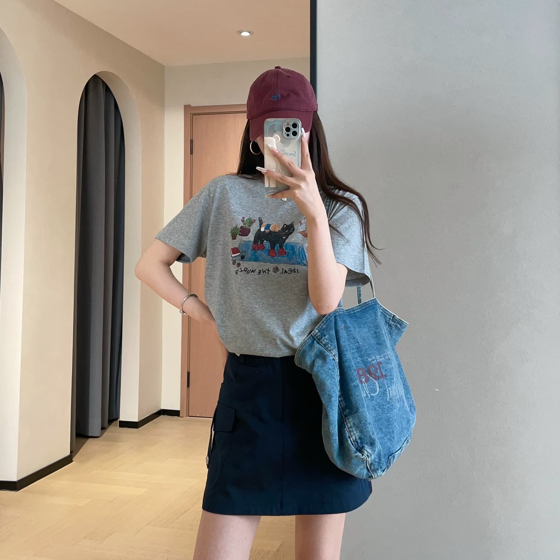 Korean Style Casual Hand-Painted Graffiti Cat Print Loose Slimming Thin Short-Sleeved T-Shirt for Women 2026 New Style H062614
