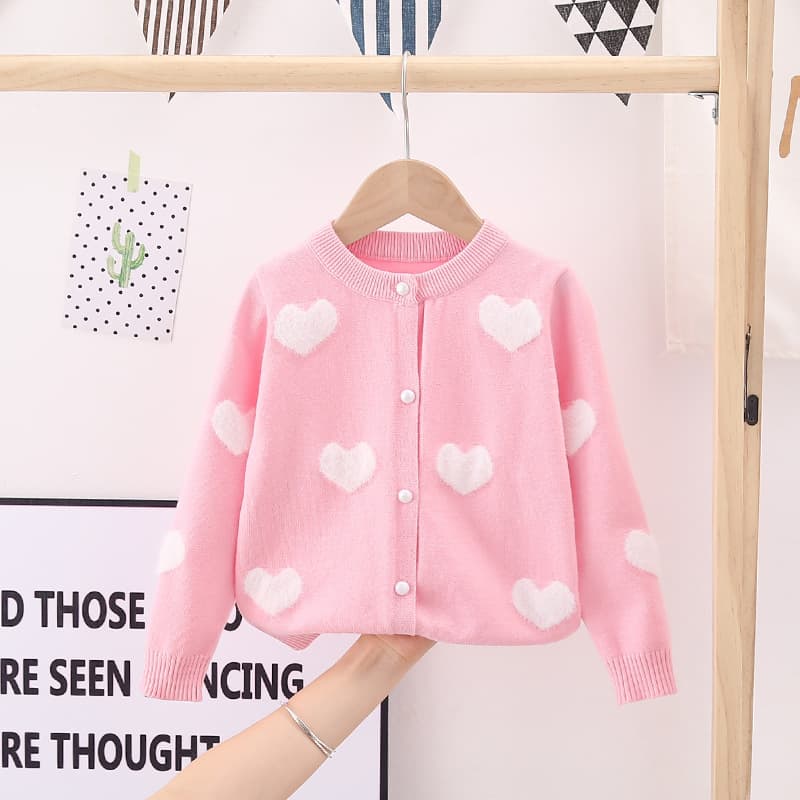 Manufacturer Wholesale Children's Wear Girls' Knit Cardigan, 2025 Spring/Autumn New Baby Mink Love Jacquard Core-Spun Yarn Sweater