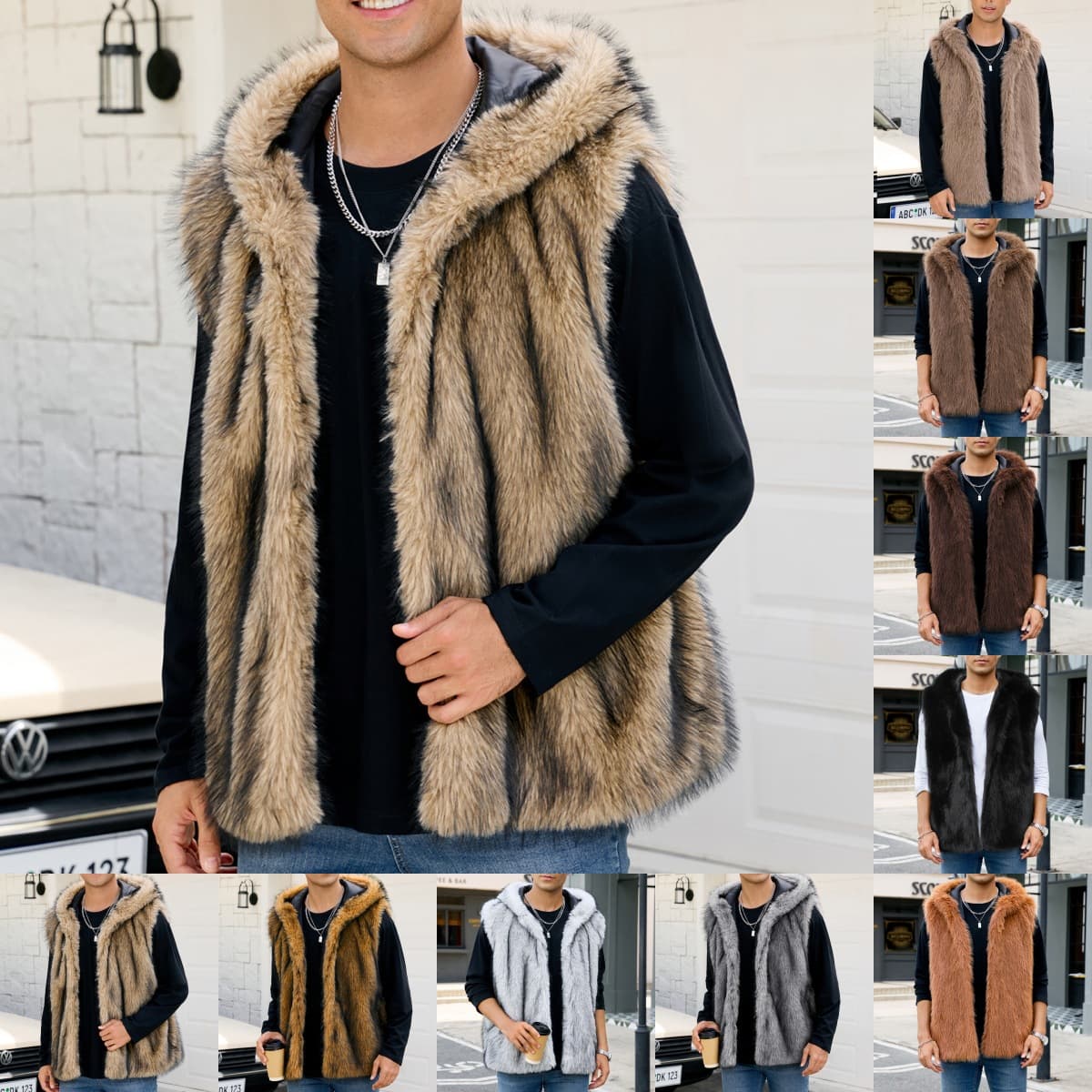 F0978 European and American Cross-Border New Autumn/Winter Faux Fur Vest, Modern Men's Hooded Warm Vest Coat