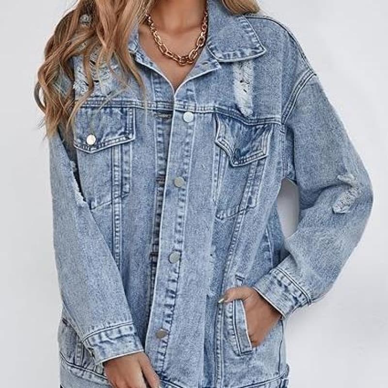 E5662026 New Cross-Border Drop Shipping Women's Long Oversized Denim Jacket Men's Ripped Denim Jacket