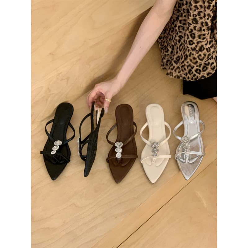 French Wedge Heel Elegant Rhinestone Pointed Toe Slide Sandals Women's Outdoor Wear 2026 Summer Dressy Vacation Sandals
