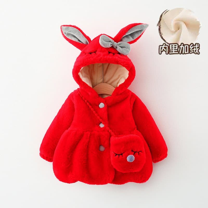 2025 Winter New Girls' Bunny Bow Wool Sweater Cartoon Cute Jacket with Little Rabbit Bag