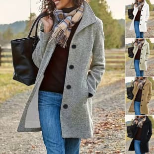 Cross-Border Amazon 2025 Autumn/Winter Hot Sale Women's Wool Coat Solid Color Turn-Down Collar with Pockets Long Woolen Coat
