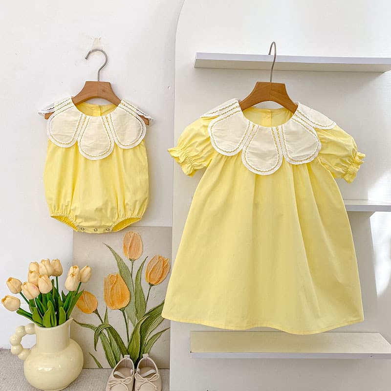 Girls Summer Dress with Petal Collar Sleeveless Baby Romper Bodysuit Stylish Toddler Kids Sibling Outfit
