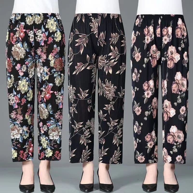 Ice Silk Pants for Middle-Aged and Elderly Women, Summer Thin Nine-Tenths Length, Elastic Loose Plus Size Straight Leg Casual Pants