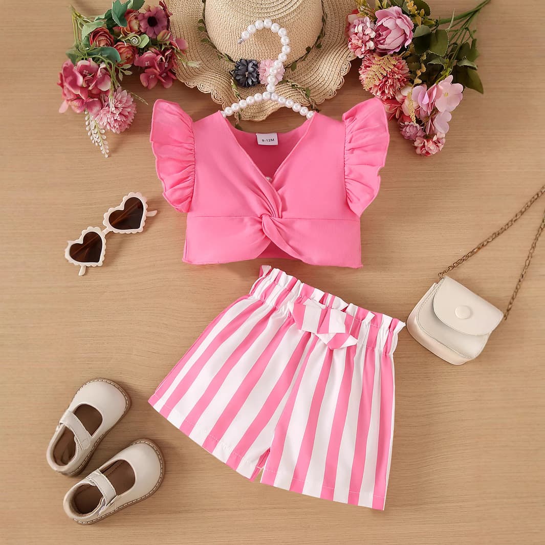 Summer two-piece set Baby Girls solid color twist casual and comfortable flying sleeve top and striped printed butterfly