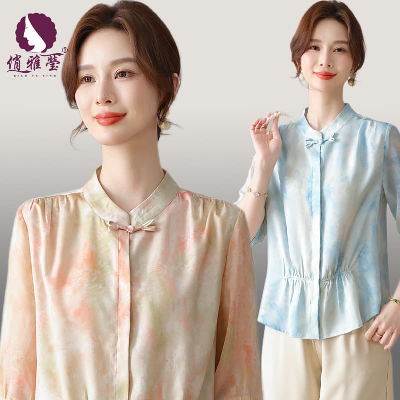 Summer Three-Quarter Sleeve Blouse for Middle-Aged and Elderly Women, Fashionable Printed Top with Chinese-Style Button Knots