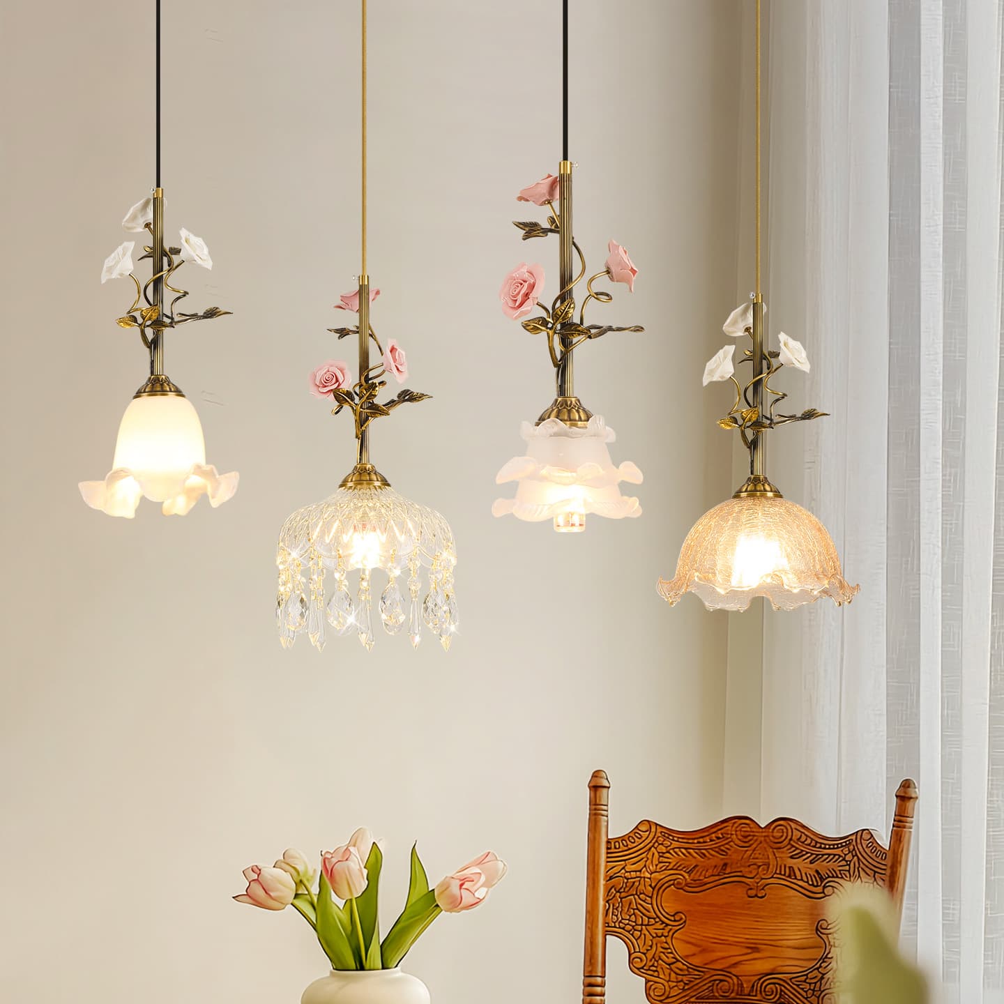 French-Style Vintage Restaurant Lamp, Mid-Century Pastoral Country Bedroom Bedside Lamp, Bar Counter Pendant Lamp, Rose Flower Chandelier