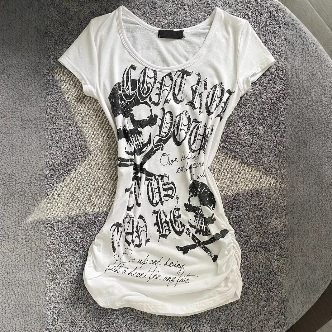 Vintage Fitted Punk Rock Short Sleeve American Black Skull Bones Print Top