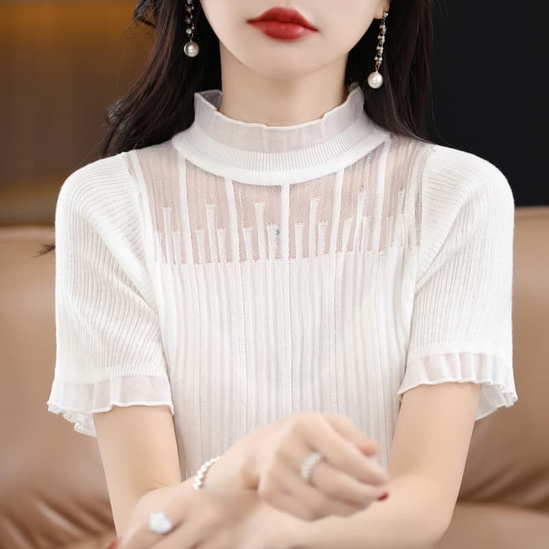 High-Quality 6 Wool New Lace Trim Chiffon Blouse Women's Fashion Youthful Short Sleeve Inner Wear Air Conditioning Vest T-Shirt Base Layer