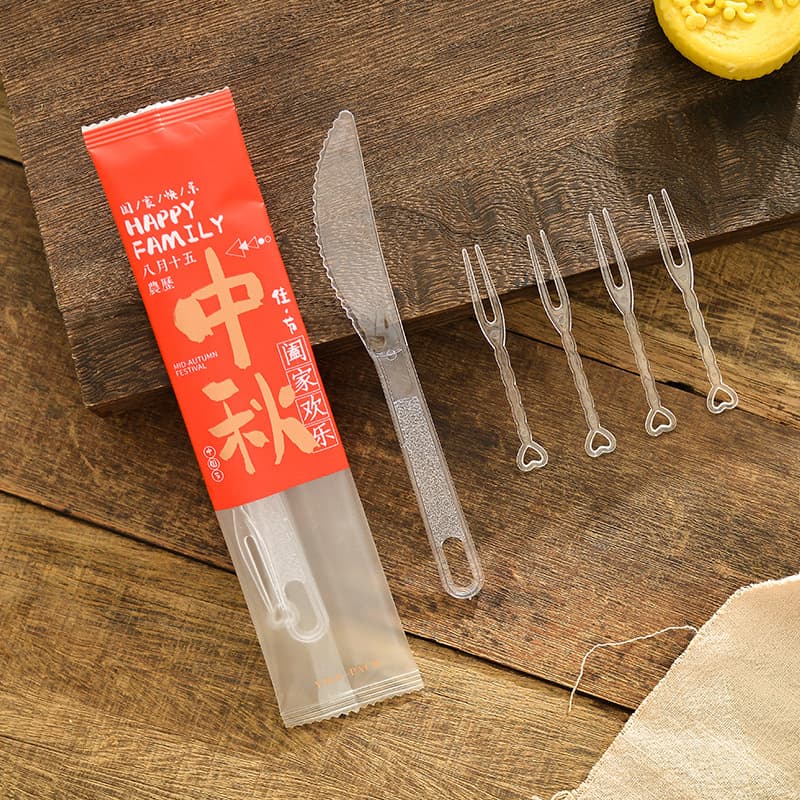 New Disposable Transparent Mooncake Plastic Knife and Fork Set - 1 Knife and 4 Forks, 100-Piece Set