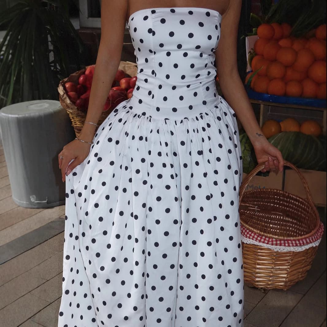Fashionable Polka Dot Vintage Strapless Summer New Arrival Dress Shoulder Bared Gown Sleeveless V-neck Long Ankle-length