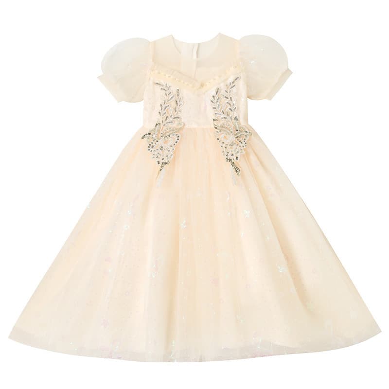 Puff Sleeve Children's Wedding Dress Princess Gown Long Girl Dress Host Performance Costume Summer Style