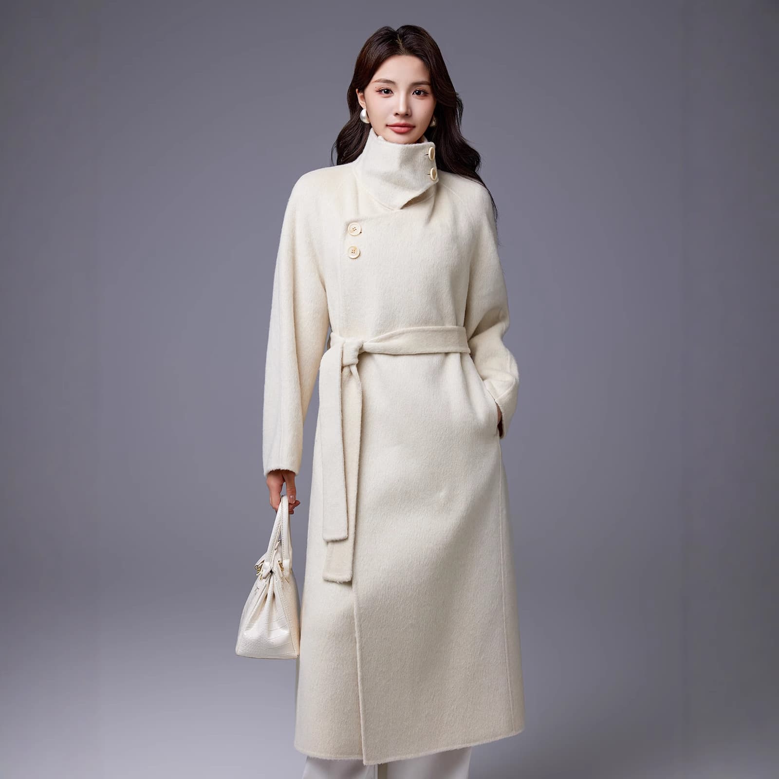 High-End Ambiance Cigarette Collar Double-Faced Wool Coat for Women 26 Autumn/Winter New Lazy Hepburn Stand Collar Woolen Overcoat