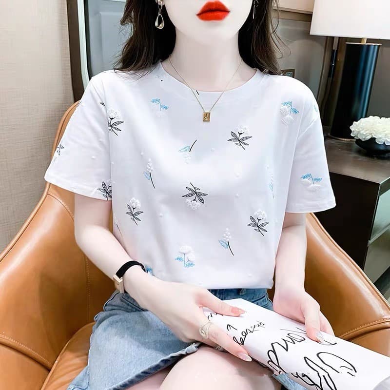 Plus Size Women's Printed T-Shirt Short Sleeve Korean Style 2025 Summer New Foam Floral Loose Versatile Top