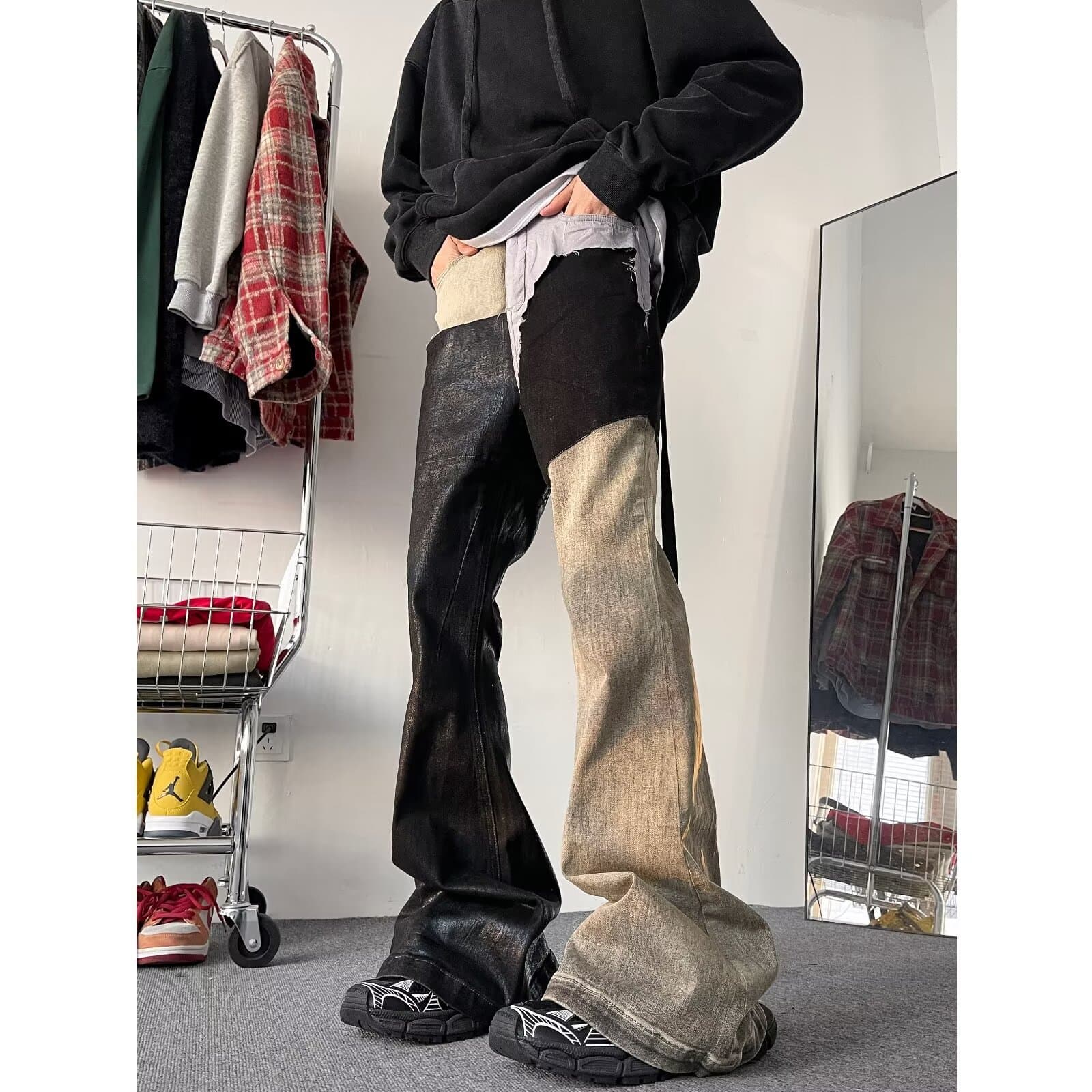 Wasteland Style Washed Wax Coated Wide Leg Flared High Street Niche Stacked Jeans for Men