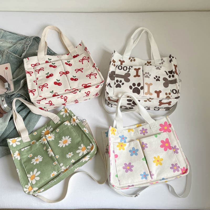 Cartoon Print Corduroy Bag Casual Large Capacity Handbag for Female Students Cute Children's Hand Carry Tote Shopping Bag
