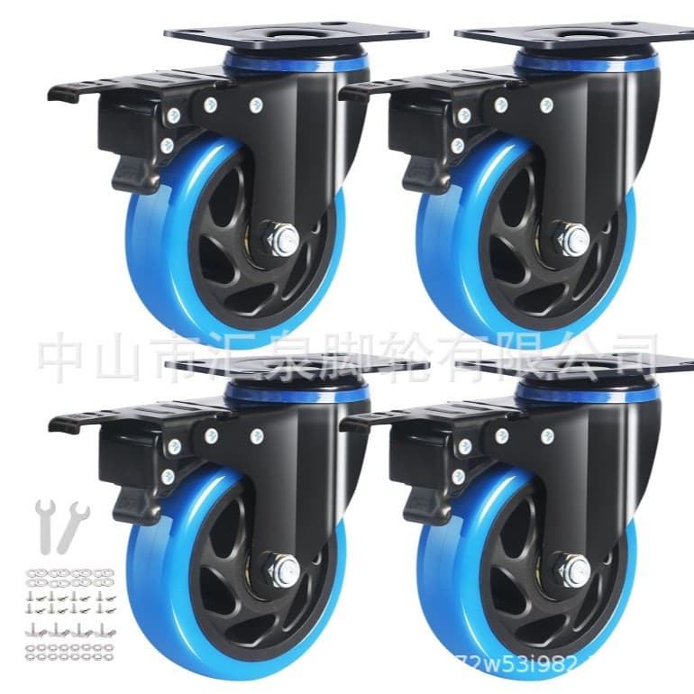 Blue through flower wheel polyurethane through flower wheel AB brake through flower wheel through flower silent wheel tool car caster wholesale