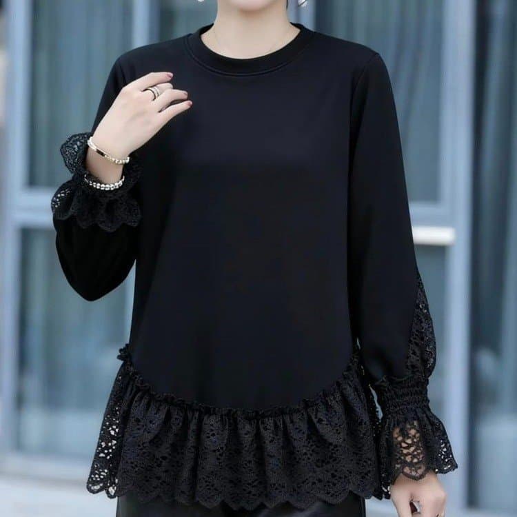 European Style Heavy Craft Vertical Striped Rhinestone Lace Spliced Loose Long Sleeve Sweatshirt Women's Autumn Fashion Versatile Top