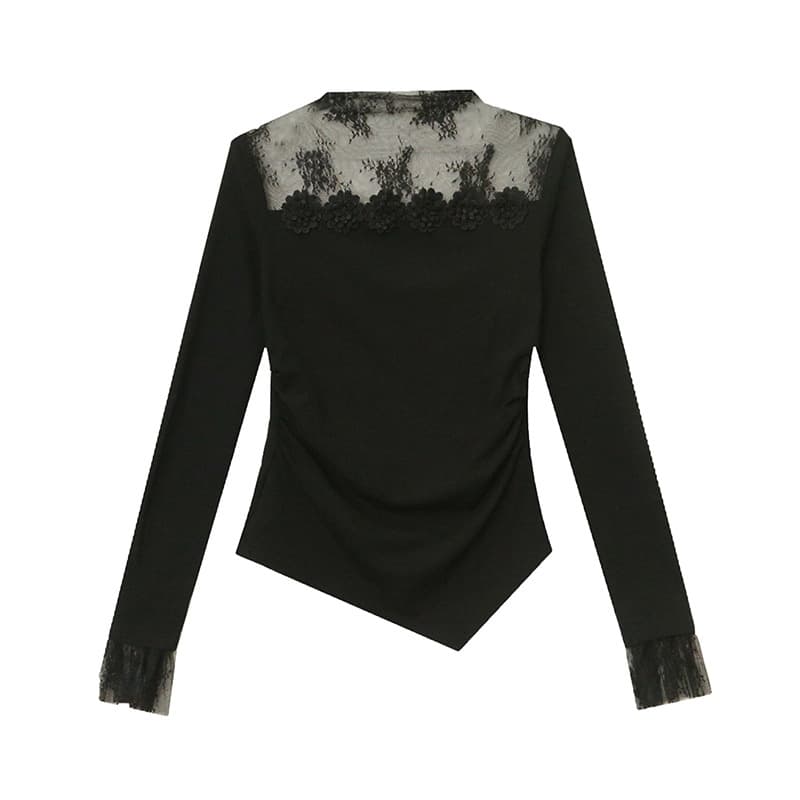 New Spring Real Shot Lace Mid-Collar Unique Handmade Flower Decoration Long Sleeve Slim Fit Design Women's Top In Stock