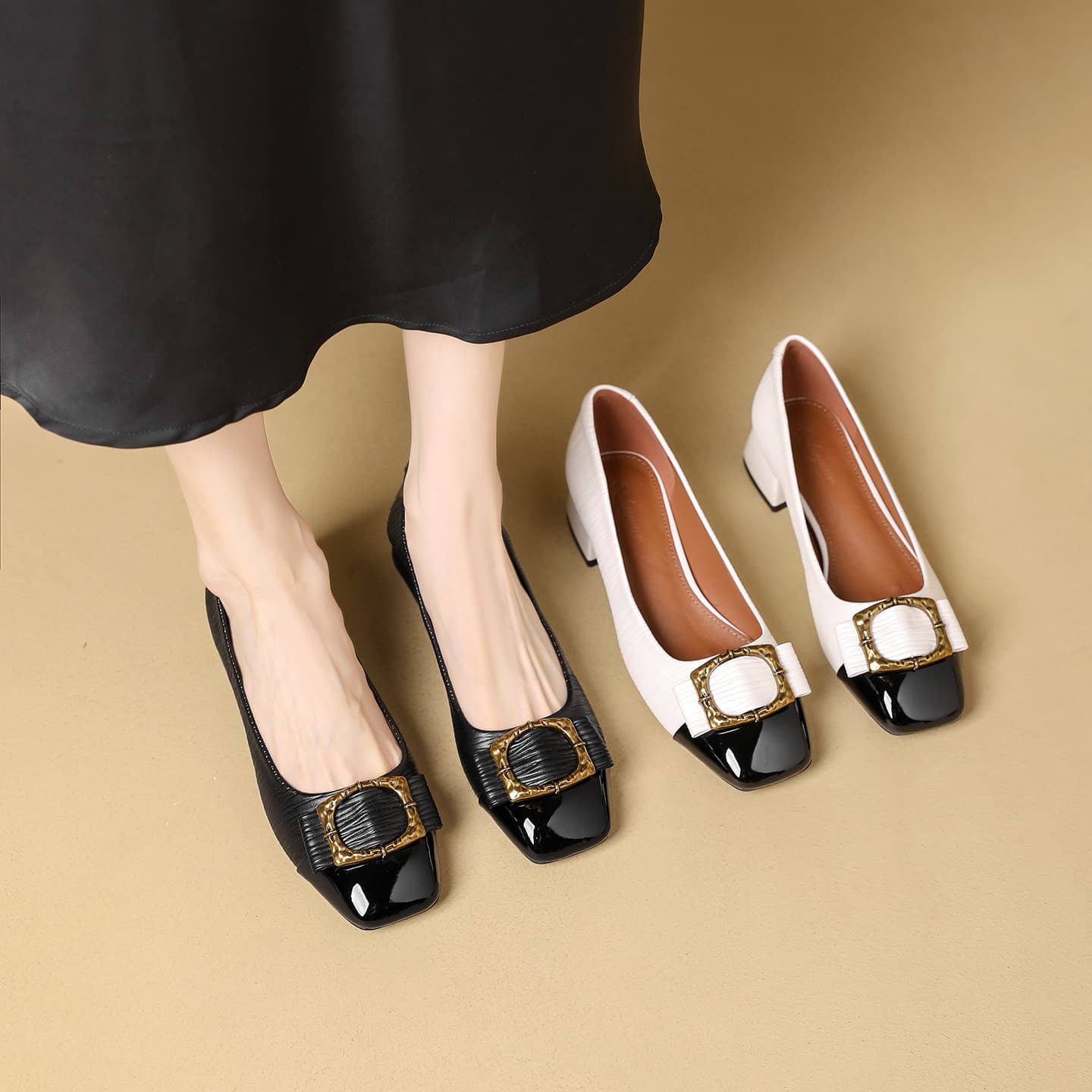 Women's Trending Shoes Spring Autumn New French Pleated Color Block Mid Block Heel Metal Buckle Slip-On Low-Cut Shoes for Women