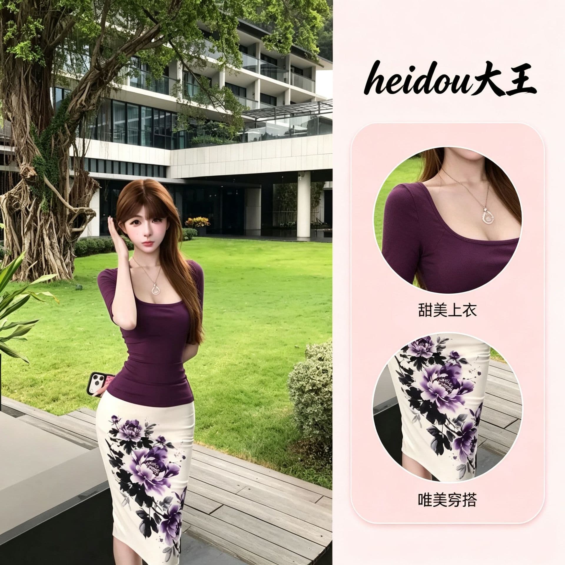 Purple Stunning Elegant Woman Control Charm Slim Short Sleeve Top Printed Bodycon Skirt Summer New Set