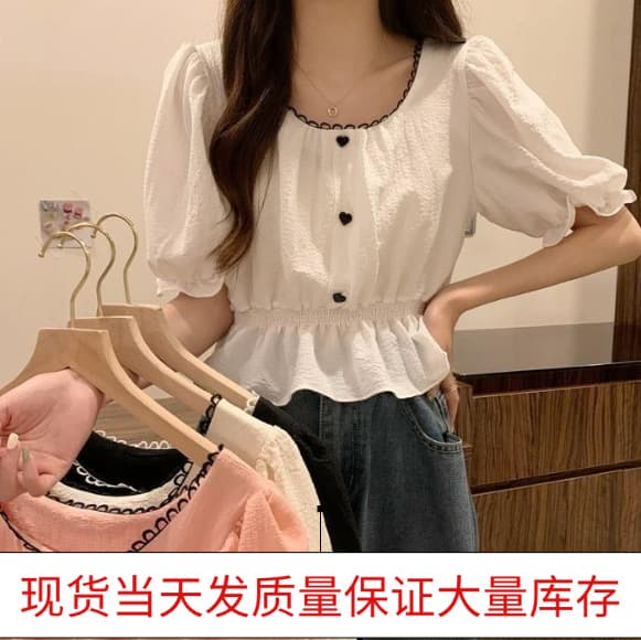 Spot sweet square collar chiffon shirt for women 2022 summer gentle style niche design white short top summer style