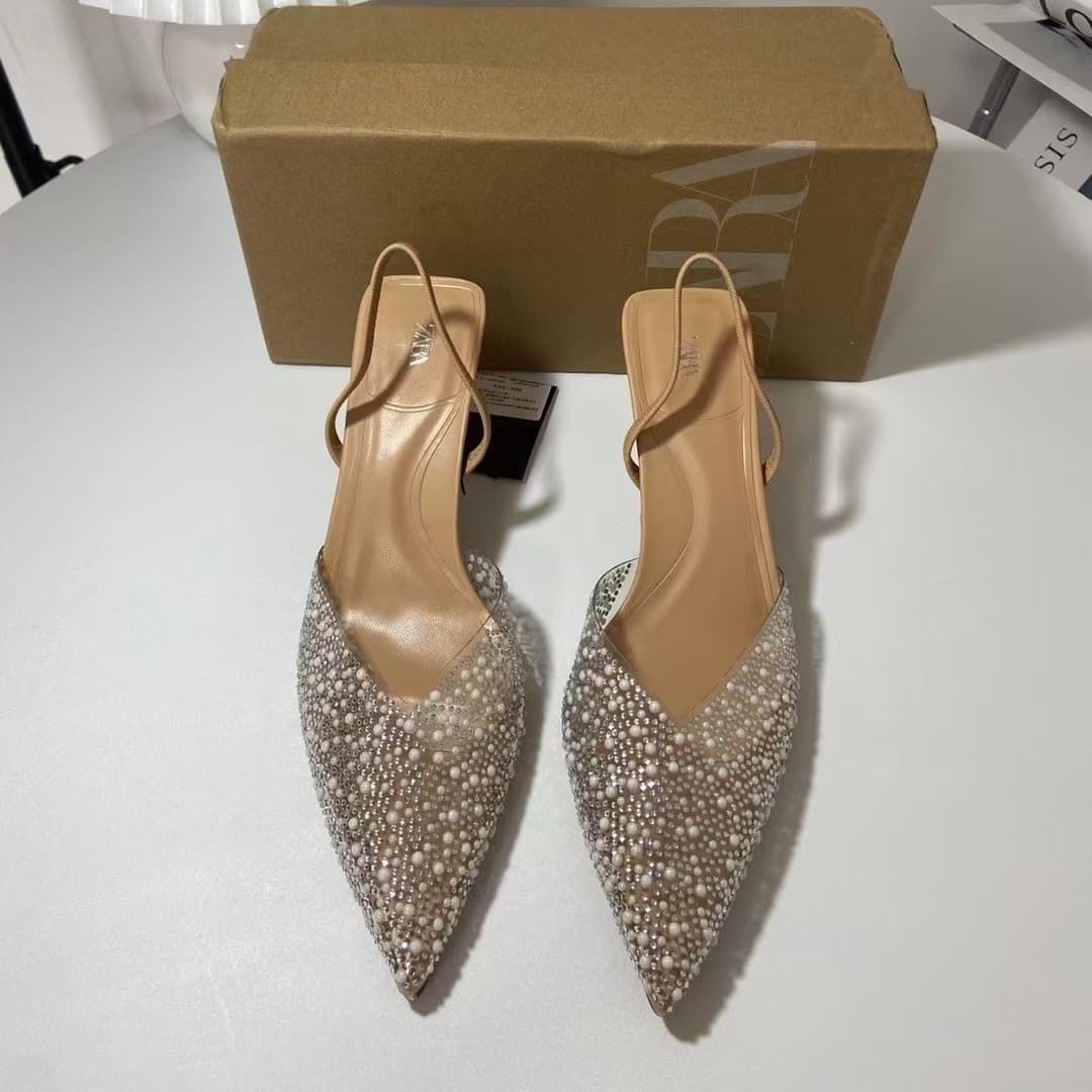 ZA New 2025 Summer Shallow High Heels for Women, Open Back with Pearl Decoration, Back Strap, Pointed Toe, Closed Toe, Thin Heel Sandals