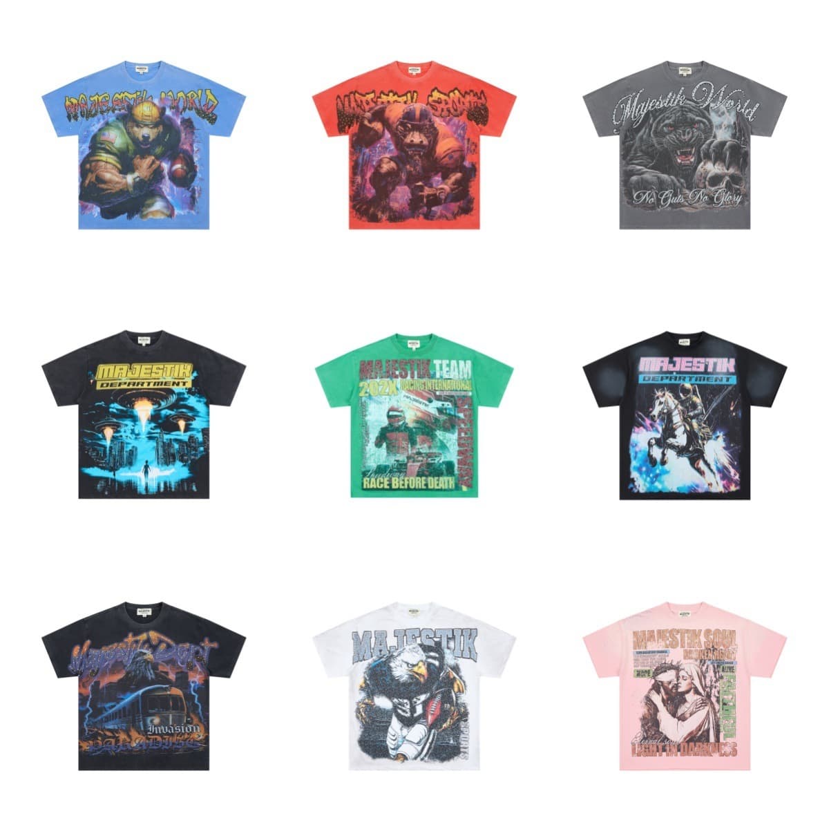 2026Ss*Majestik Los Angeles Fashion Brand Rhinestone Direct-Printed Vintage-Style Terry Cotton Short-Sleeve T-Shirt