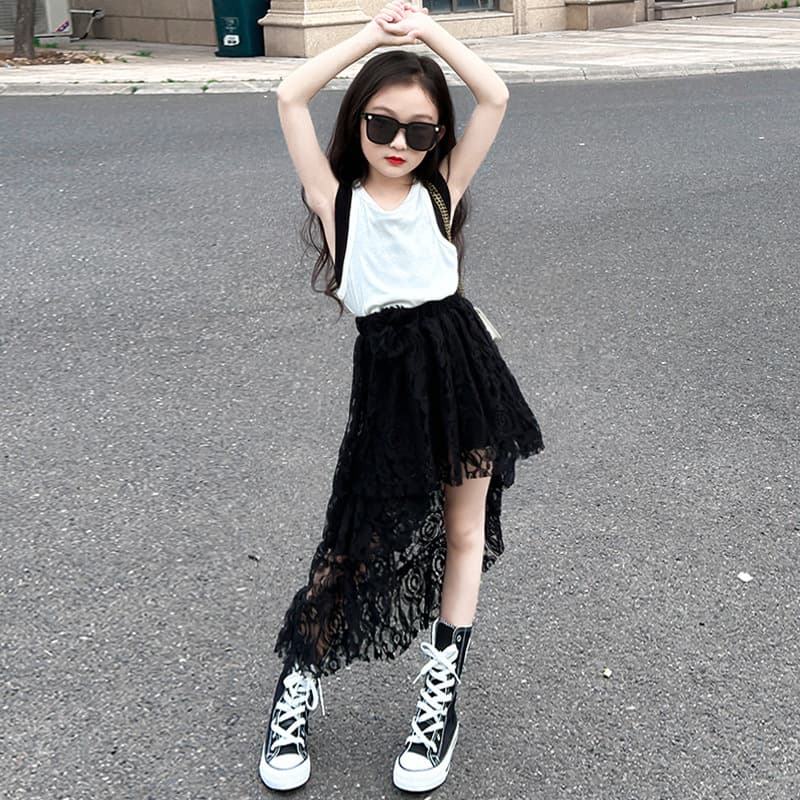 2025 Summer New Girls' Fake Two-Piece Vest Set, Sweet and Edgy Children's Irregular Lace Half Skirt Two-Piece