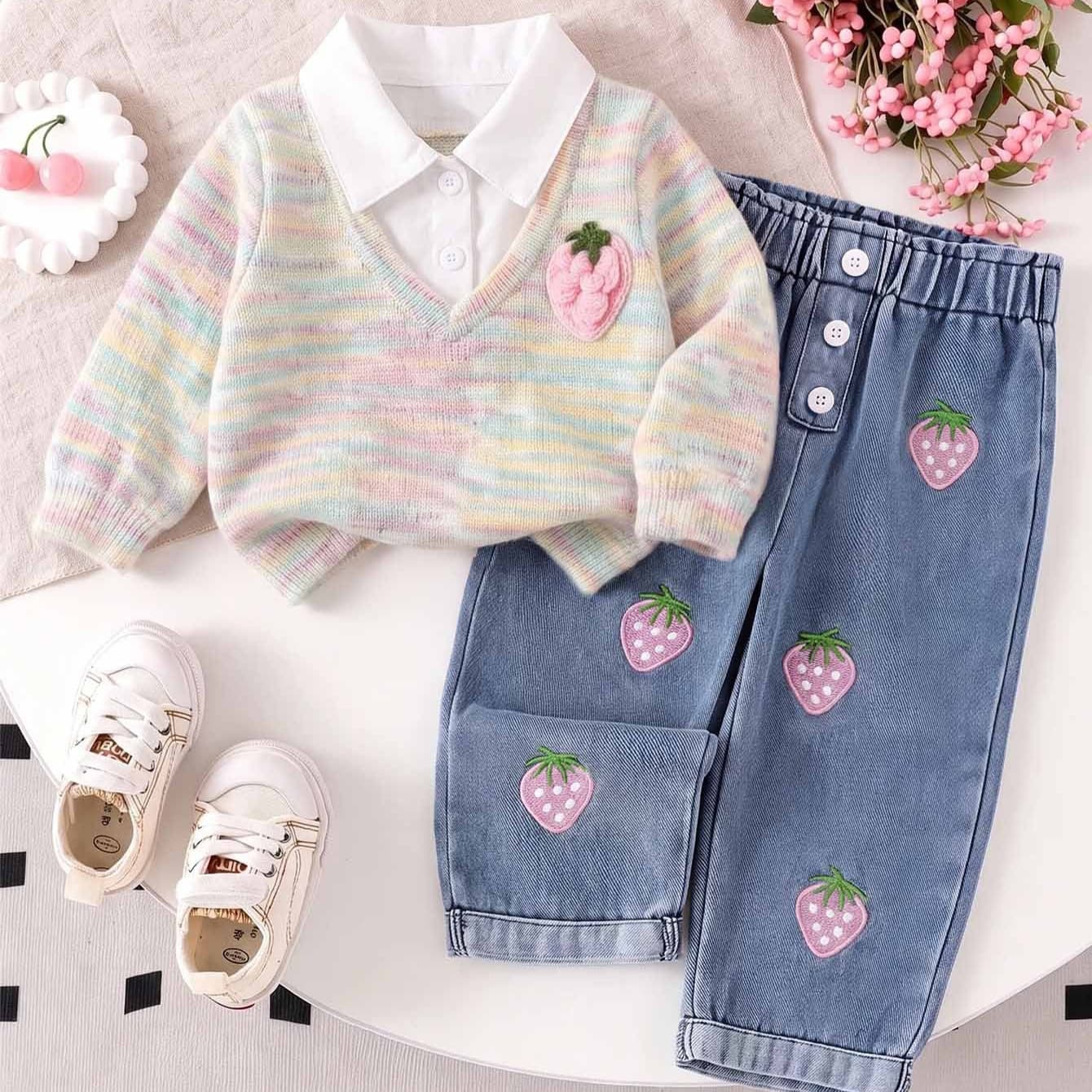 Yunbo Beibei New Spring Cross-border Textured Lapel Patchwork Top + Strawberry Embroidery Denim Pants Set