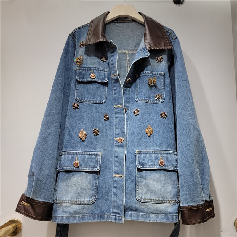 French Vintage Patchwork Collar Denim Jacket for Women, Autumn Mid-Length Waist-Cinching Heavy-Duty Studded Multi-Pocket Coat