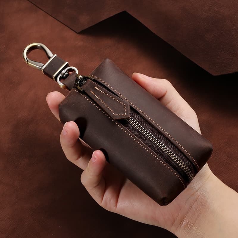 Large Capacity Key Holder Vintage Top Layer Cowhide Leather Key Case Zipper Buckle Genuine Leather Key Pouch