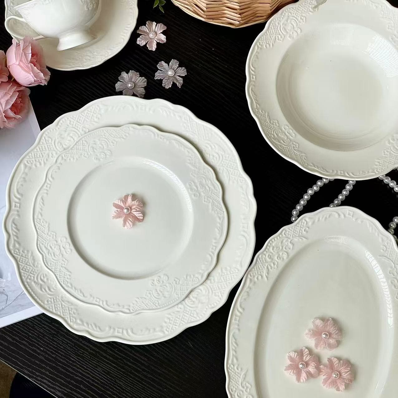 French Vintage Relief Ceramic Dinner Plate Steak Bowl Coffee Cup Saucer Deep Plate Pasta Plate Afternoon Tea Dessert Plate
