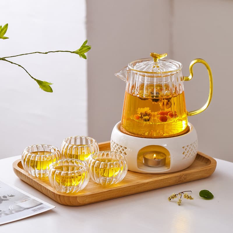 Luxury Afternoon Tea Set with Heat-Resistant Glass Teacups, Candle Warmer Base, and High-Temperature Flower Tea Pot