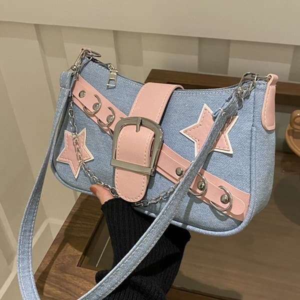 2025 New Korean Style Underarm Bag for Women Spring Fashionable Contrast Color Shoulder Bag Casual Personality Chain Denim Women's Bag