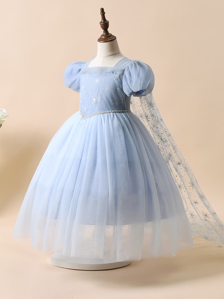 New Sweet Pleated Frozen Elsa Princess Dress for Toddler Girls, Short Sleeve Elsa Princess Dress for Girls