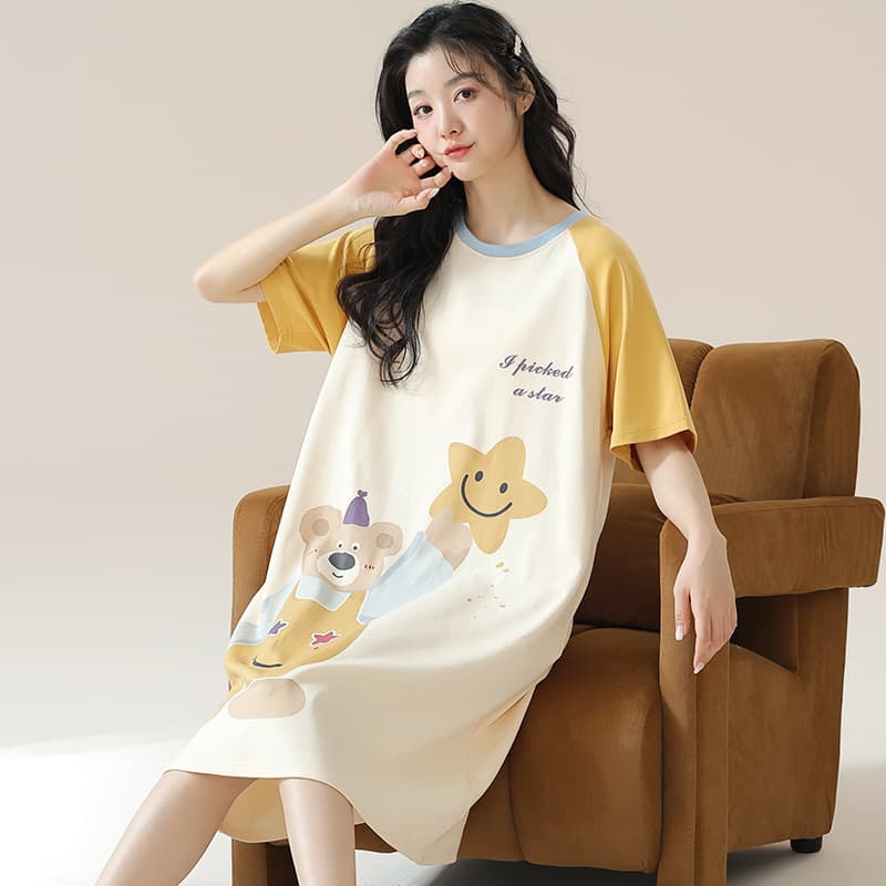 New Summer Women's Cotton Pajama Short Sleeve Cartoon Sweet Cute Dress Loose Mid-Length Nightgown
