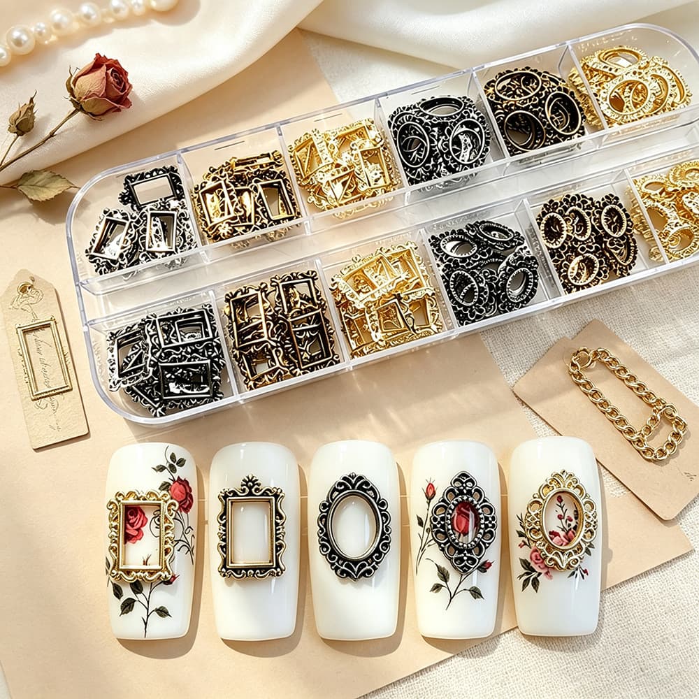 12-Grid Vintage Photo Frame Nail Art Decoration Baroque Palace Hollow Metal Frames Multicolor Nail Art Frame Accessories