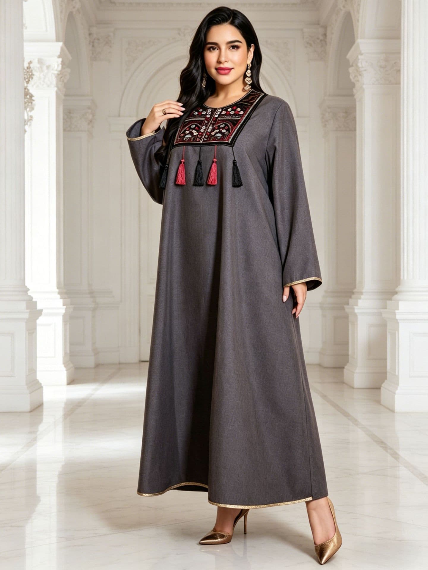 Cross-border Plus Size Women's Dress, Gray Ethnic Style Embroidered Fringe Long Robe, Loose and Slimming Plus Size Dress