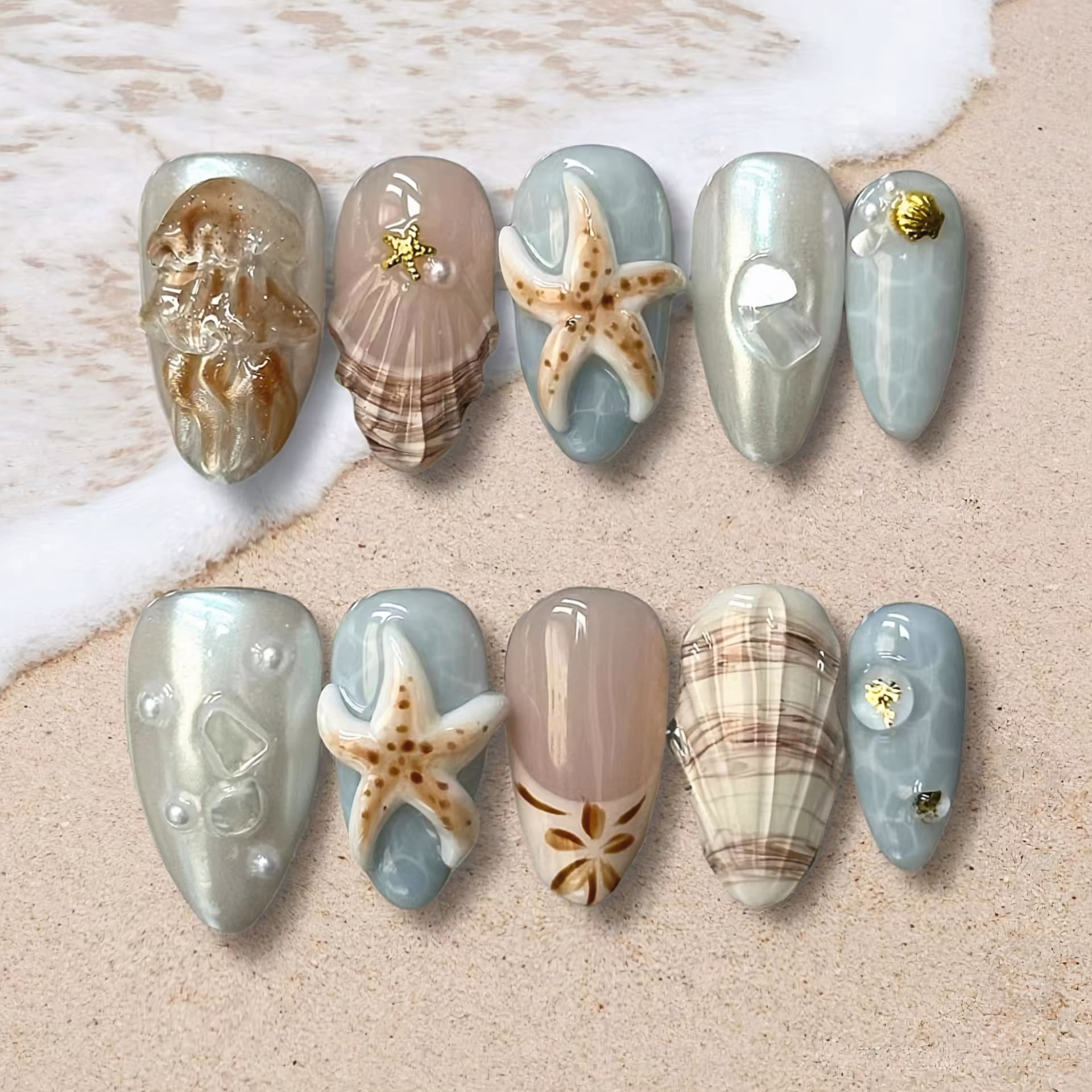 European and American Summer Hot Selling Almond Shaped Beach Press On Nails 3D Jellyfish Starfish Premium Seashell False Nails Wholesale