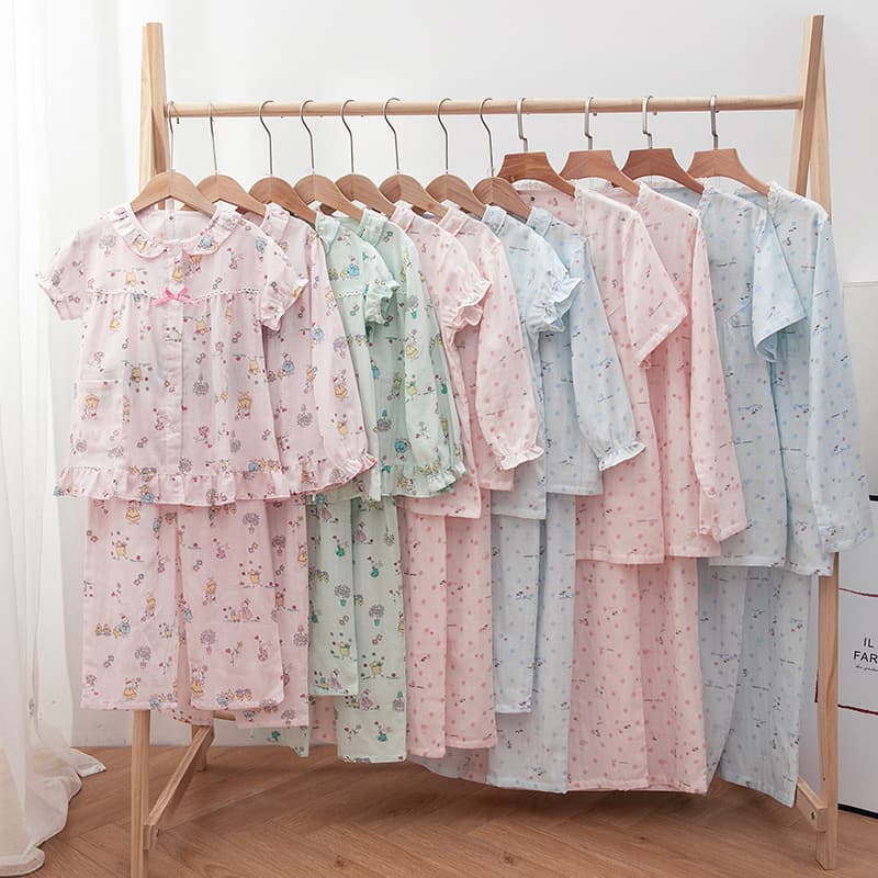 Spring and Summer Pure Cotton Double-Layer Gauze Cute Cartoon Long and Short Sleeves for Boys and Girls, Long Shorts, Pajamas, Homewear Suits Wholesale